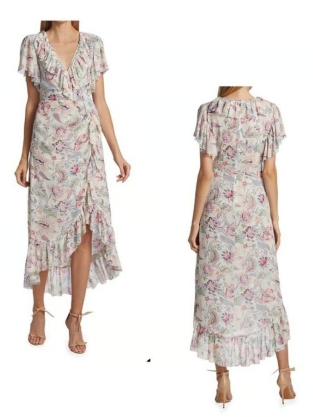 Cinq a Sept Sheila Floral Dress - 4 - Ruffle Trim Midi Shirred Wedding Party - Picture 15 of 15